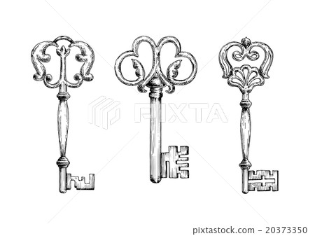 Three Medieval Vintage Keys Sketches - Stock Illustration [20373350 