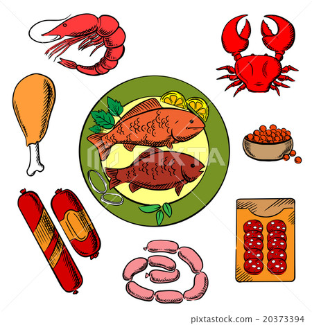 Seafood, chicken and meat food Seafood, chicken and meat food 20373394