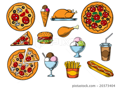 Fast food, drinks and desserts menu snacks Fast food, drinks and desserts menu snacks 20373404
