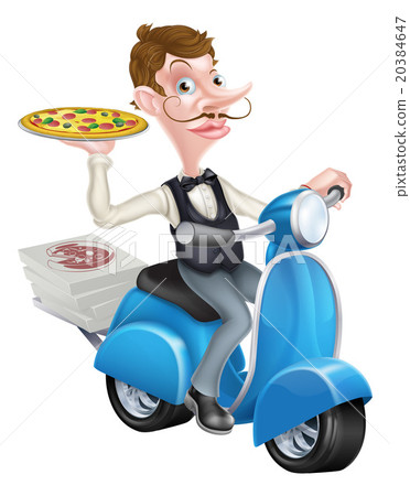 Cartoon Waiter on Scooter Moped Delivering Pizza 20384647