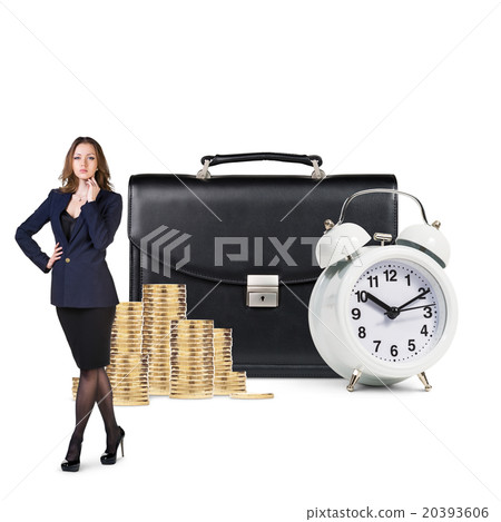 Business woman near alarm,briefcase and coins Business woman near alarm,briefcase and coins 20393606