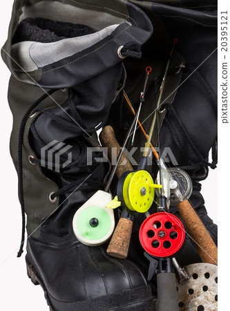 ice fishing tackles and winter boots 20395121