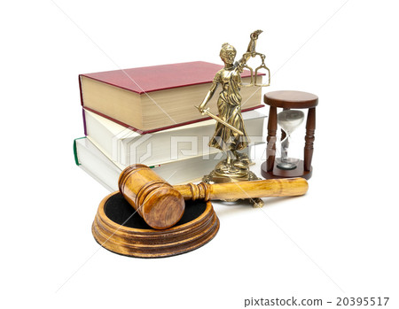 Judge gavel, books and a statue of justice 20395517