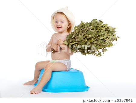 boy with bath hat and broom boy with bath hat and broom 20397941