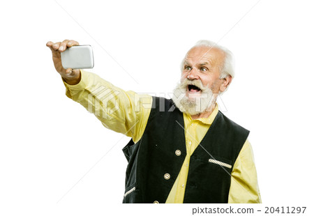 Old bearded man with mobile phone isolated 20411297