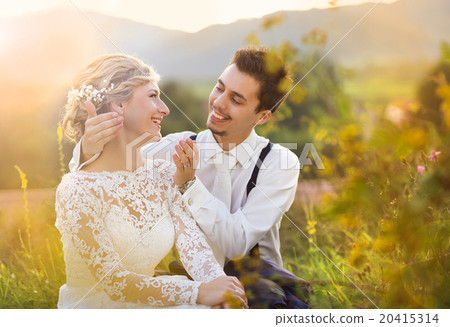 Young wedding couple on summer meadow 20415314