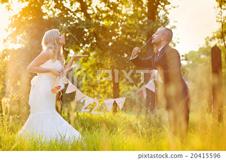 Bride and groom enjoying wedding day in nature 20415596