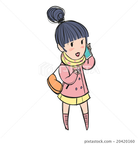 Young woman blushing talking on the phone; cartoon 20420160