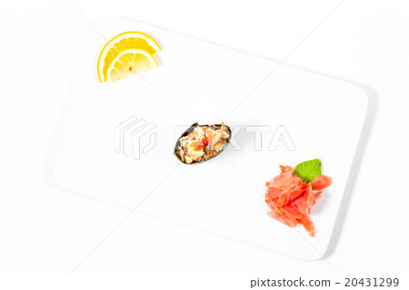Salmon and caviar rolls served on a plate Salmon and caviar rolls served on a plate 20431299