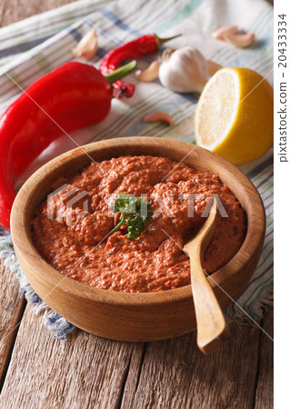 Muhammara traditional Arabian appetizer close-up Muhammara traditional Arabian appetizer close-up 20433334