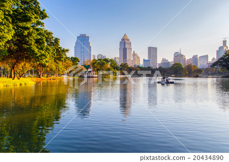 Business district cityscape from a park with Sunse 20434890