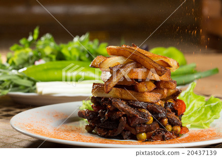fried potatoes with meat.  20437139