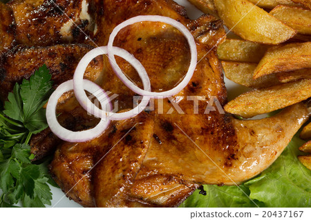 Tobacco chickens with fried potatoes. Tobacco chickens with fried potatoes. 20437167