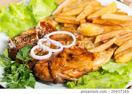 Tobacco chickens with fried potatoes. Tobacco chickens with fried potatoes. 20437168