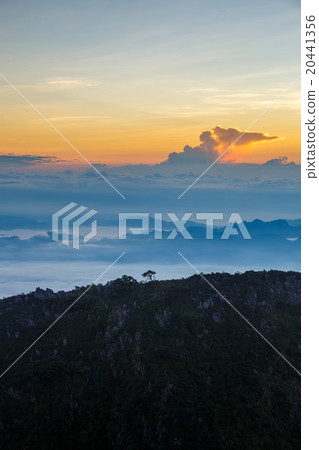 Layer of mountains and mist at sunset time Layer of mountains and mist at sunset time 20441356