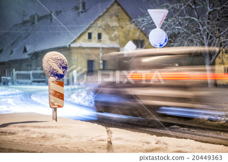 road sign on the street after snowstorm, winter 20449363