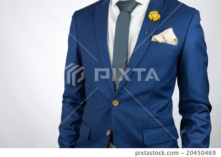 man blue suit necktie, brooch, pocket square 20450469