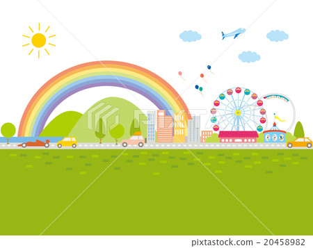 A city with a rainbow and a recreation area, a car and a house lined up 20458982