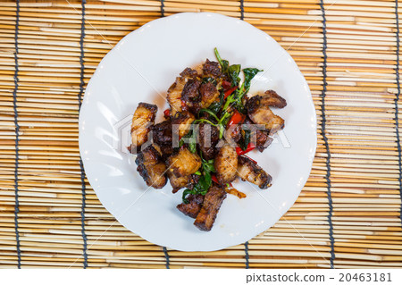 Thai food fried basil with crispy pork. Thai food fried basil with crispy pork. 20463181