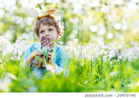 Little kid boy eating chocolate Easter bunny 20470746