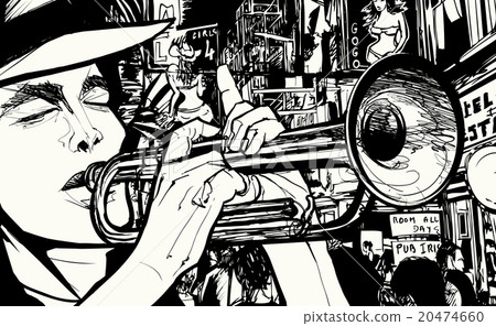 man playing trumpet in a red light district 20474660