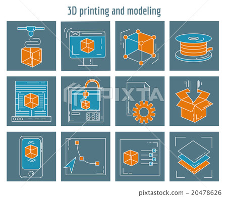 Vector icons set 3d printing and modeling 20478626