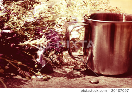 steel cup for a hike with flowers and table steel cup for a hike with flowers and table 20487097