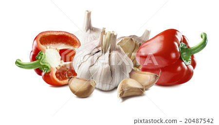 Red sweet pepper garlic isolated white background Red sweet pepper garlic isolated white background 20487542