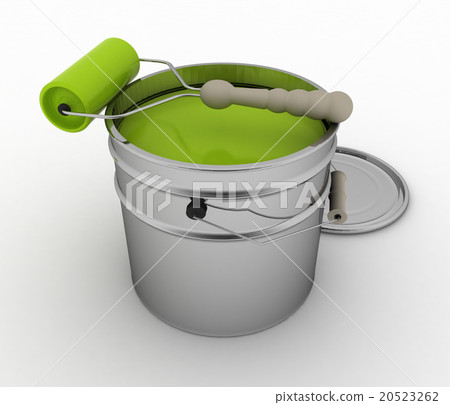 Open bucket with green paint and roller Open bucket with green paint and roller 20523262