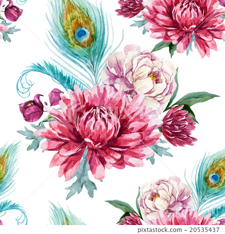 Watercolor peacock and flowers pattern 20535437