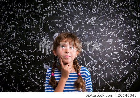Girl  thinking, finger on cheek, blackboard with 20540043