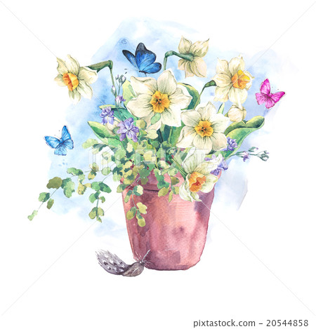 Watercolor Garden Spring bouquet in flower pots Watercolor Garden Spring bouquet in flower pots 20544858