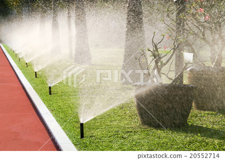 Row of sprinkler heads watering the grass Row of sprinkler heads watering the grass 20552714