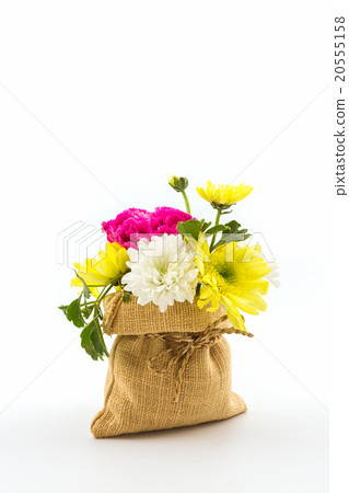 Bouquet fresh flowers in sack . Bouquet fresh flowers in sack . 20555158