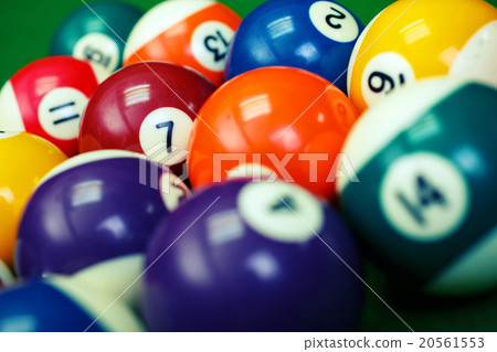 billiard balls on a green pool table, closeup billiard balls on a green pool table, closeup 20561553