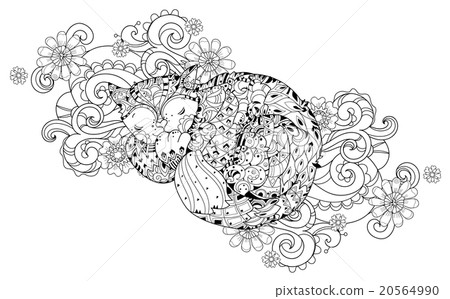 Hand drawn doodle outline cat sleeping Hand drawn doodle outline cat sleeping 20564990