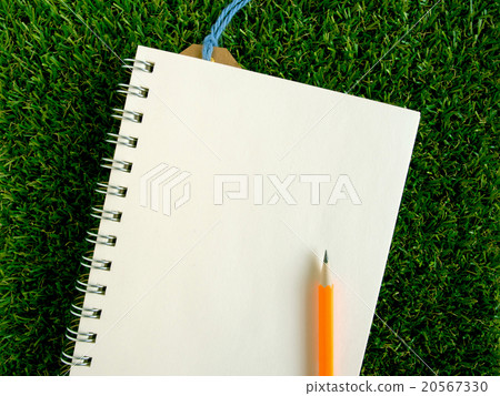 Blank book and orange pencil on artificial grass Blank book and orange pencil on artificial grass 20567330