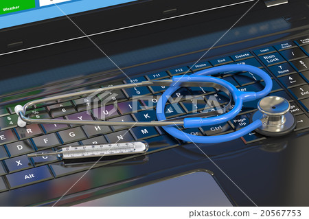 Stethoscope with thermometer on laptop keyboard Stethoscope with thermometer on laptop keyboard 20567753