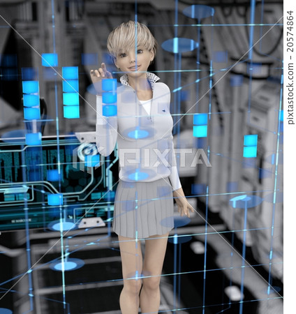 操作牆壁屏幕perming3DCG例證材料的少婦 20574864