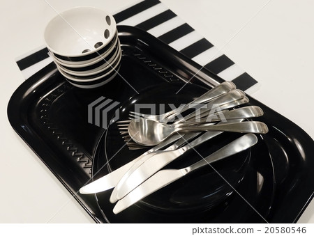 Ceramic Plates, Bowls and Cutlery on Tray 20580546