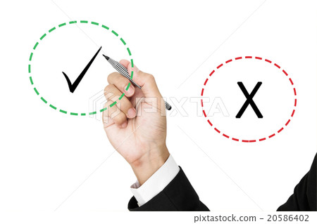 Businessman holding pen with right and wrong sign Businessman holding pen with right and wrong sign 20586402