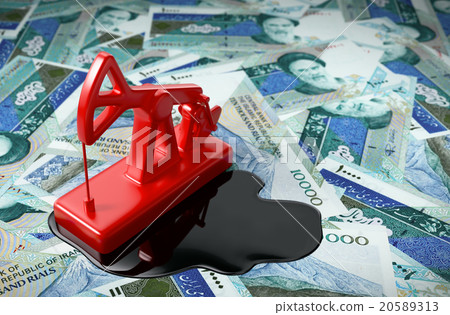 Pumpjack And Spilled Oil On Iranian Rials. Pumpjack And Spilled Oil On Iranian Rials. 20589313