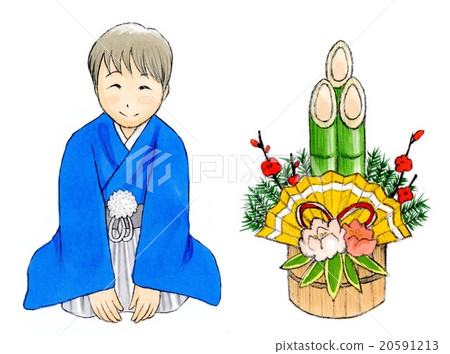 New Year 's Boys in Kimono and Kadomatsu New Year's greetings New Year cards 20591213