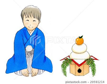 新年的男孩帶著和服和鏡子蛋糕新年的問候新年的卡片 20591214