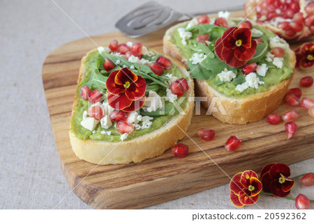 Pomegranate green sourdough open face sandwiches 20592362