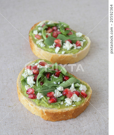 Pomegranate green sourdough open face sandwiches 20592364