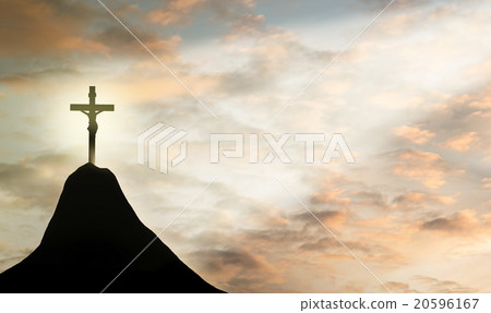 Silhouette Jesus and the cross over sunset Silhouette Jesus and the cross over sunset 20596167