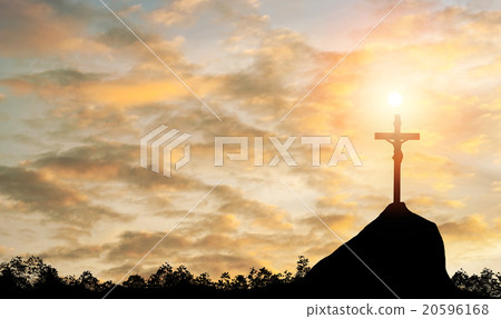 Silhouette Jesus and the cross over sunset Silhouette Jesus and the cross over sunset 20596168