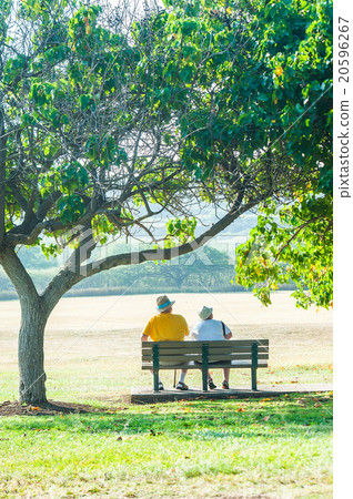 An old couple sitting on a park bench An old couple sitting on a park bench 20596267