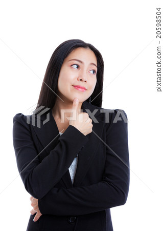 Thinking woman with thumb on her chin. Isolated 20598504